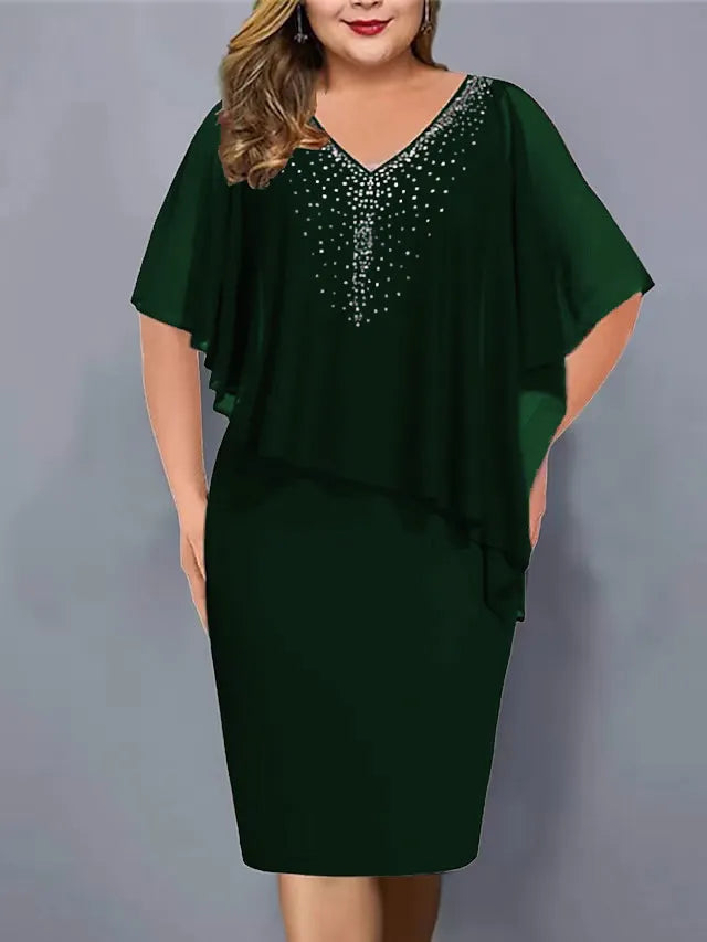 Lorenne - Robe cape femme avec strass et superposition en mousseline