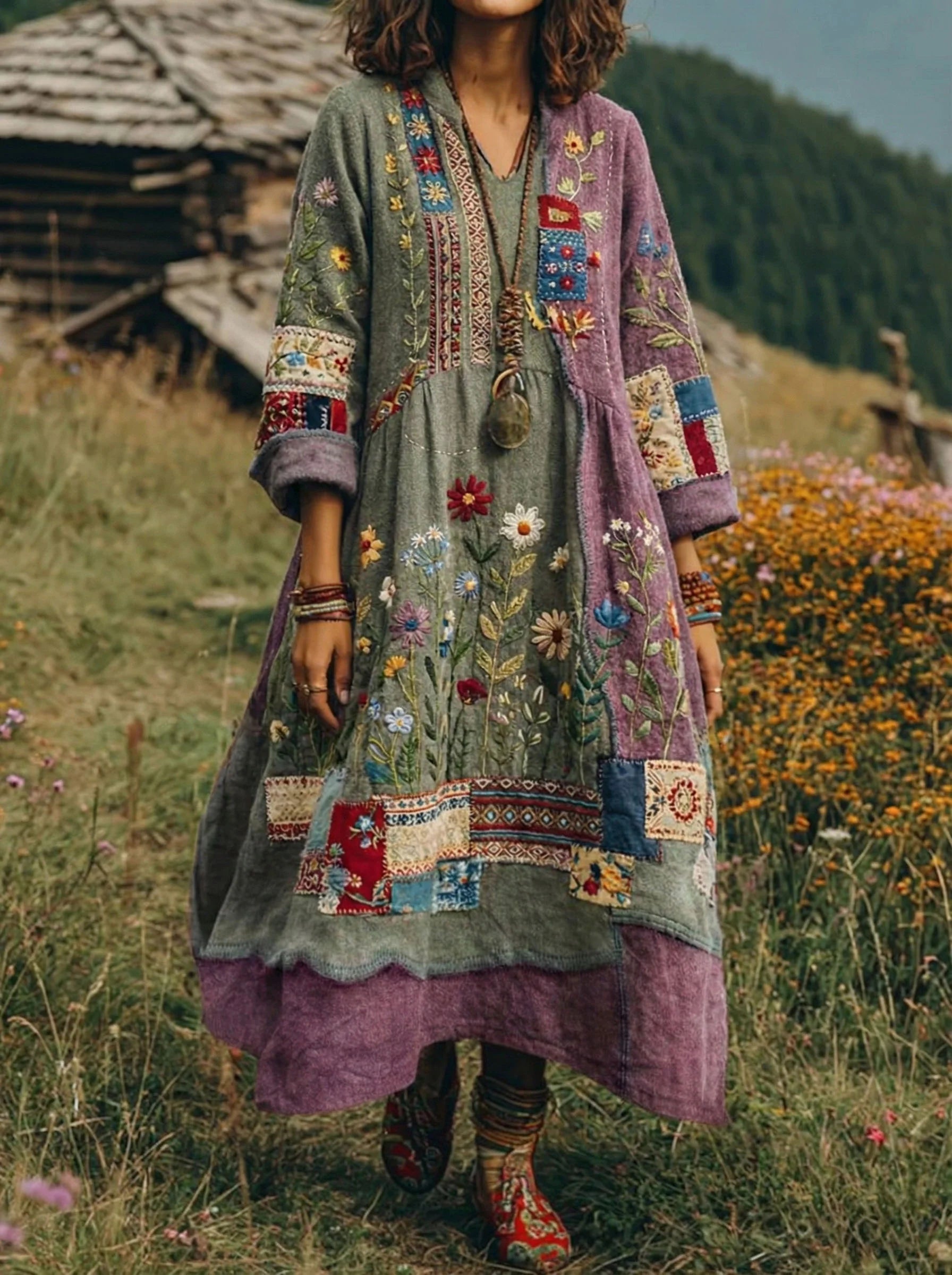 Loxira - Robe Femme Bohème Patchwork Brodée Style Ethnique Élégant