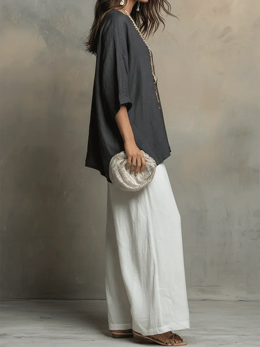 Tyvella - Ensemble Femme Lin Deux Pièces Coupe Ample Pantalon Fluide