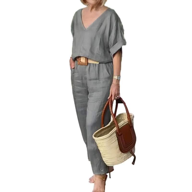 Loxaria - Ensemble femme haut col V pantalon poches style décontracté