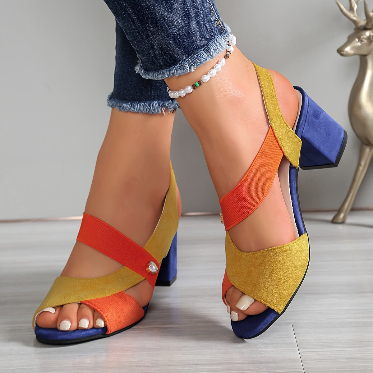 Elyvora - Sandales femme orthopédiques à talon bloc coloré et brides croisées
