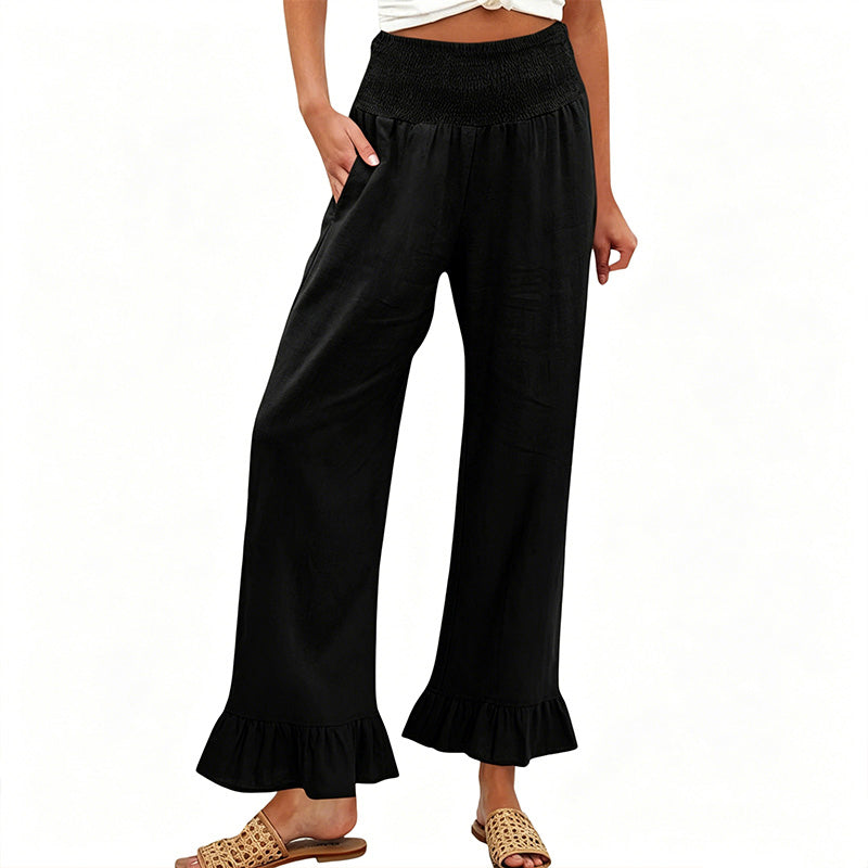 Dorexa - Pantalon femme taille haute smockée large coton lin boho