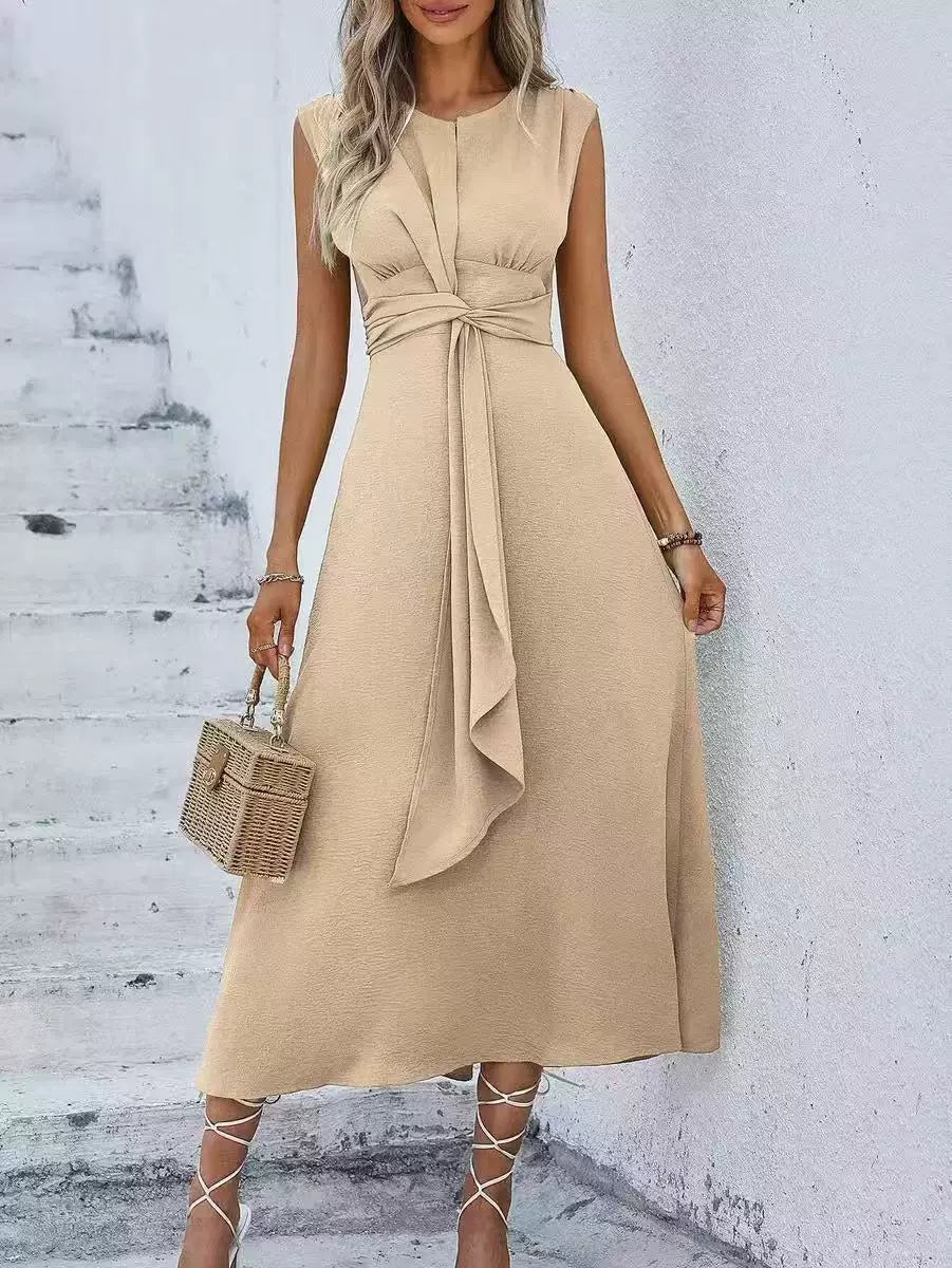 Orivessa - Robe longue femme unie sans manches avec ceinture drapée