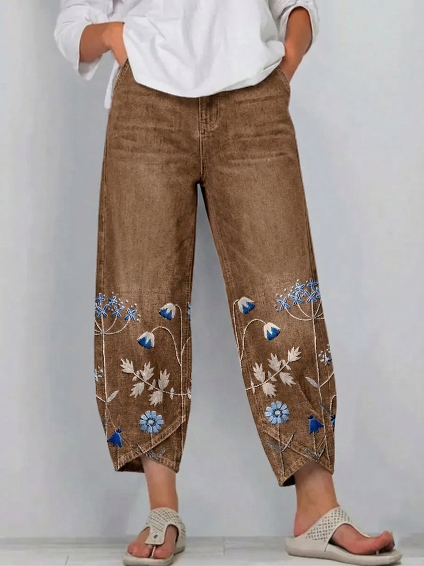 Fiorixa - Pantalon femme denim broderie florale coupe droite casual