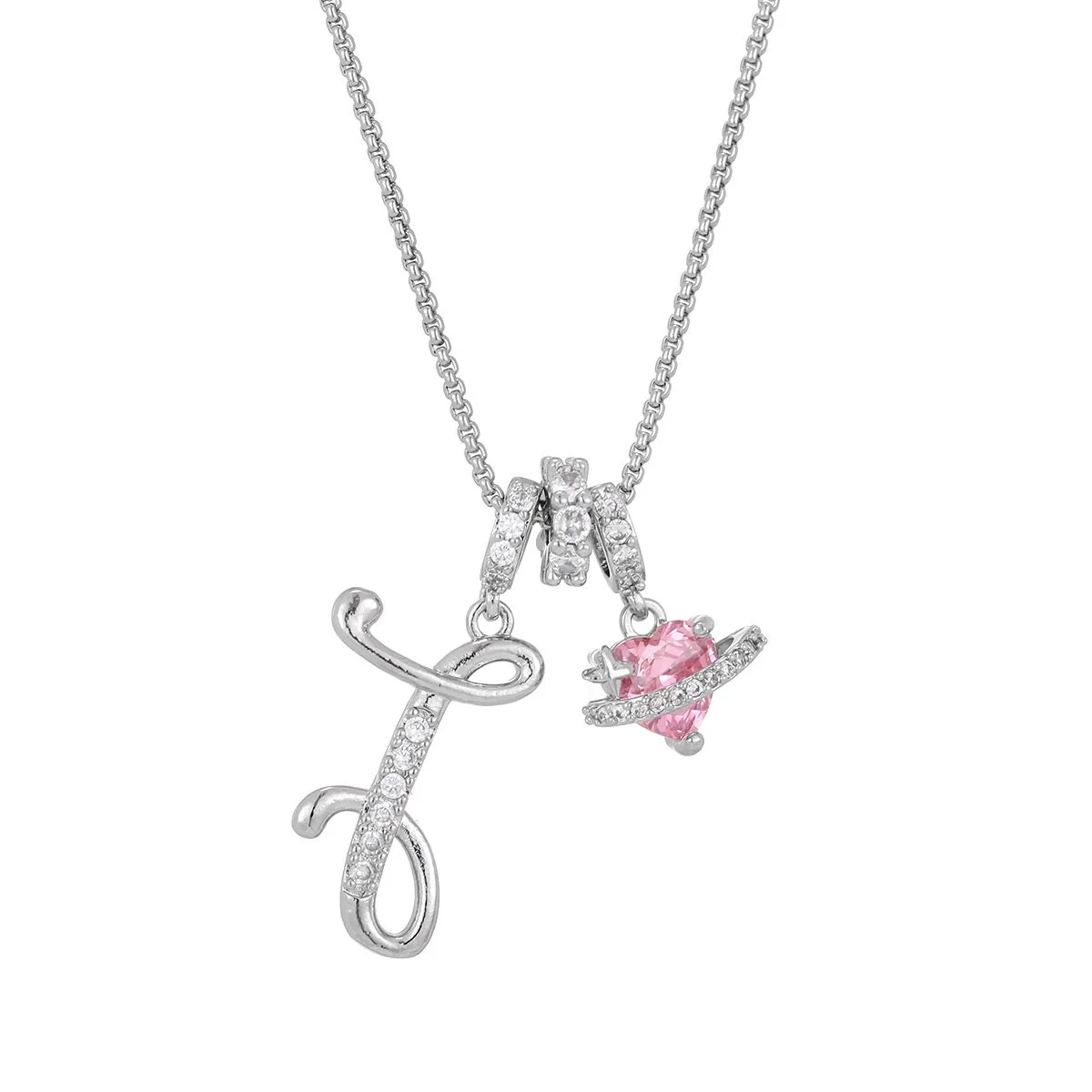 Carmelle - Collier Initiale Avec Cœur Rose Brillant