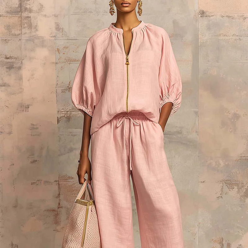 Calyndra - Ensemble femme deux pièces uni avec haut zippé et pantalon large