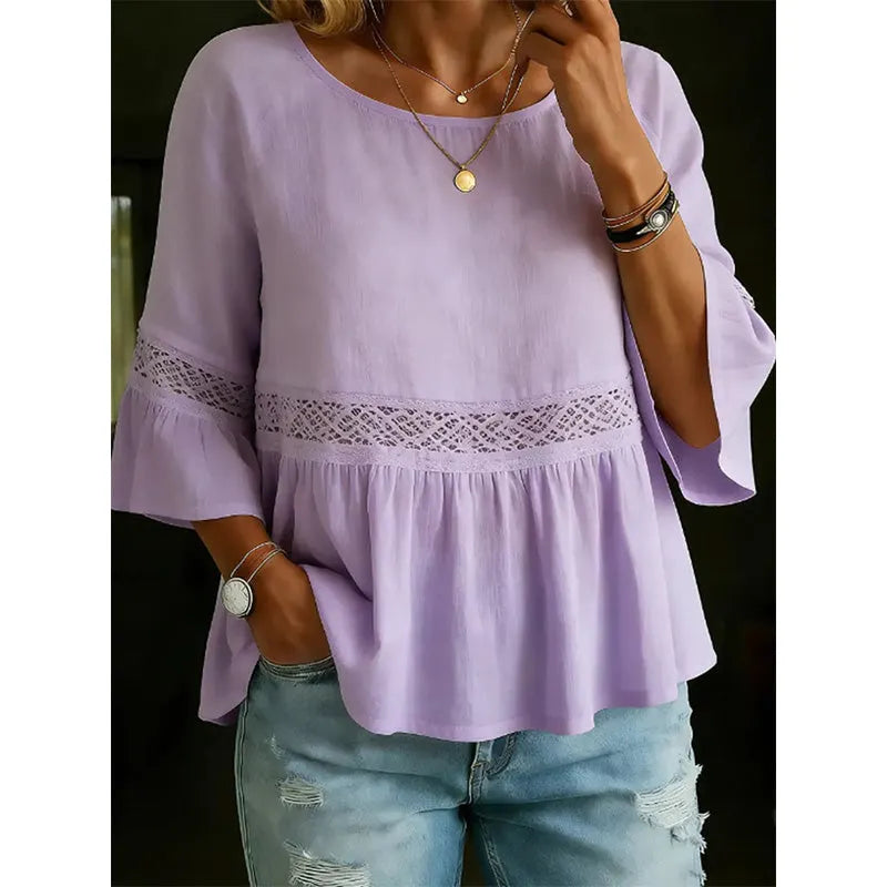 Evarielle - Blouse femme dentelle et basque avec manches volantées