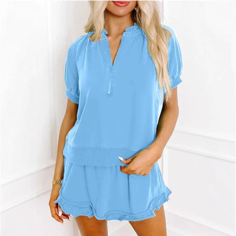 Talyssa - Ensemble deux pièces femme t-shirt zippé et short à volants