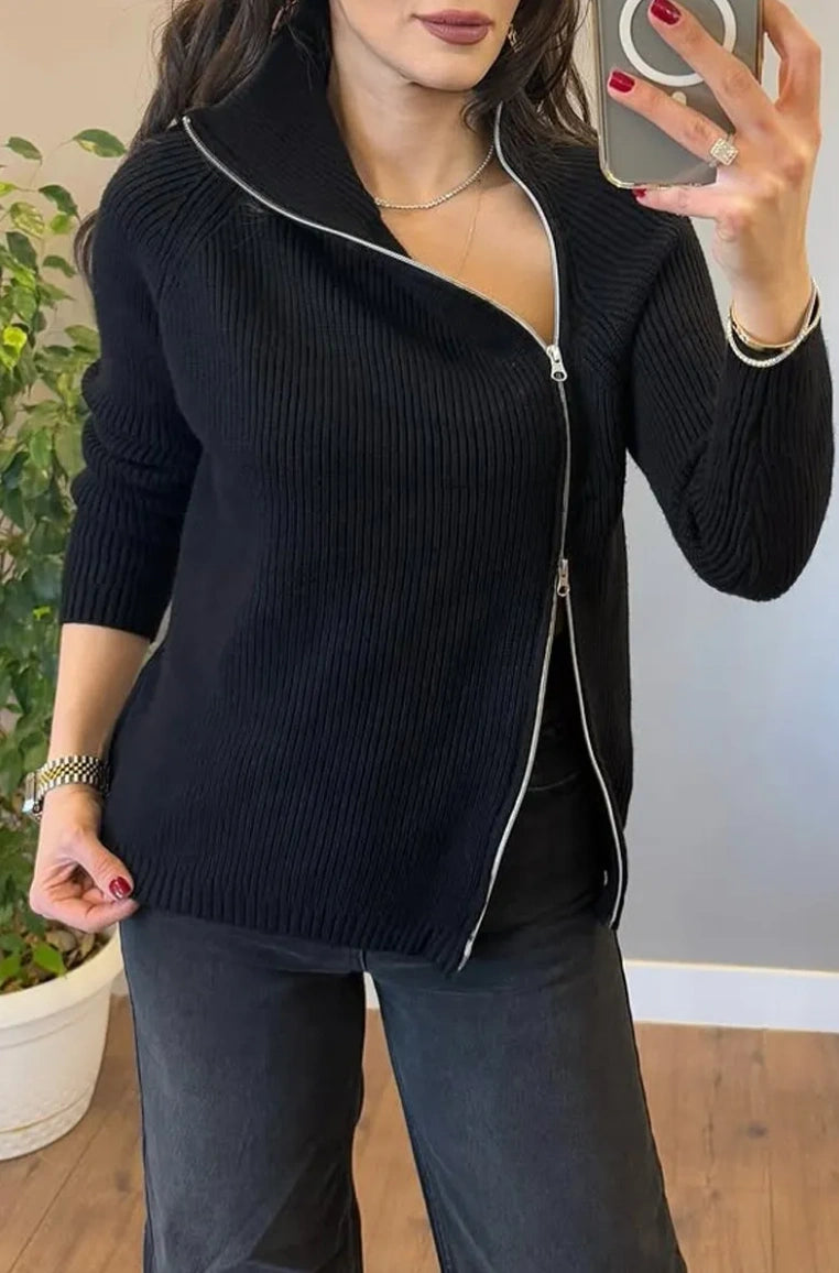 Lucienne - Pull Tricot Asymétrique à Double Fermeture Éclair
