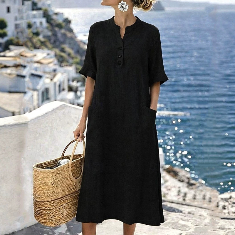 Soreya - Robe midi femme en coton-lin avec boutons