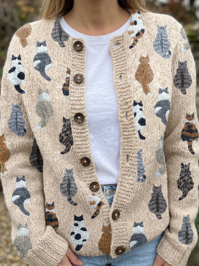 Madeline - Cardigan femme en tricot avec motif félin boutonné