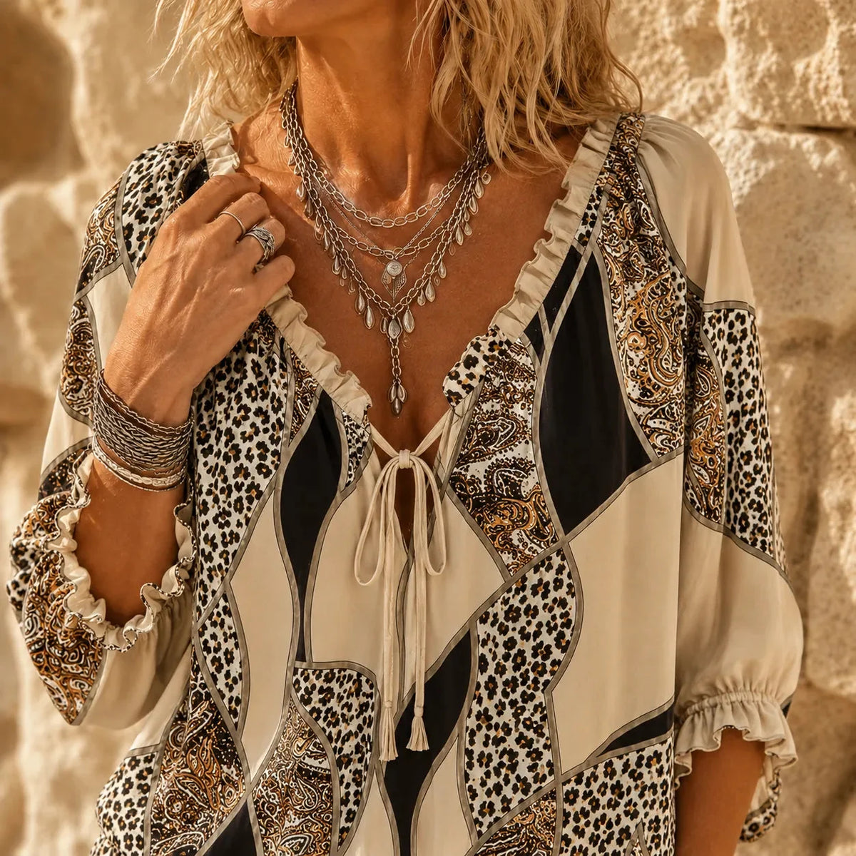 Mechteld - Blouse femme imprimée patchwork à col V