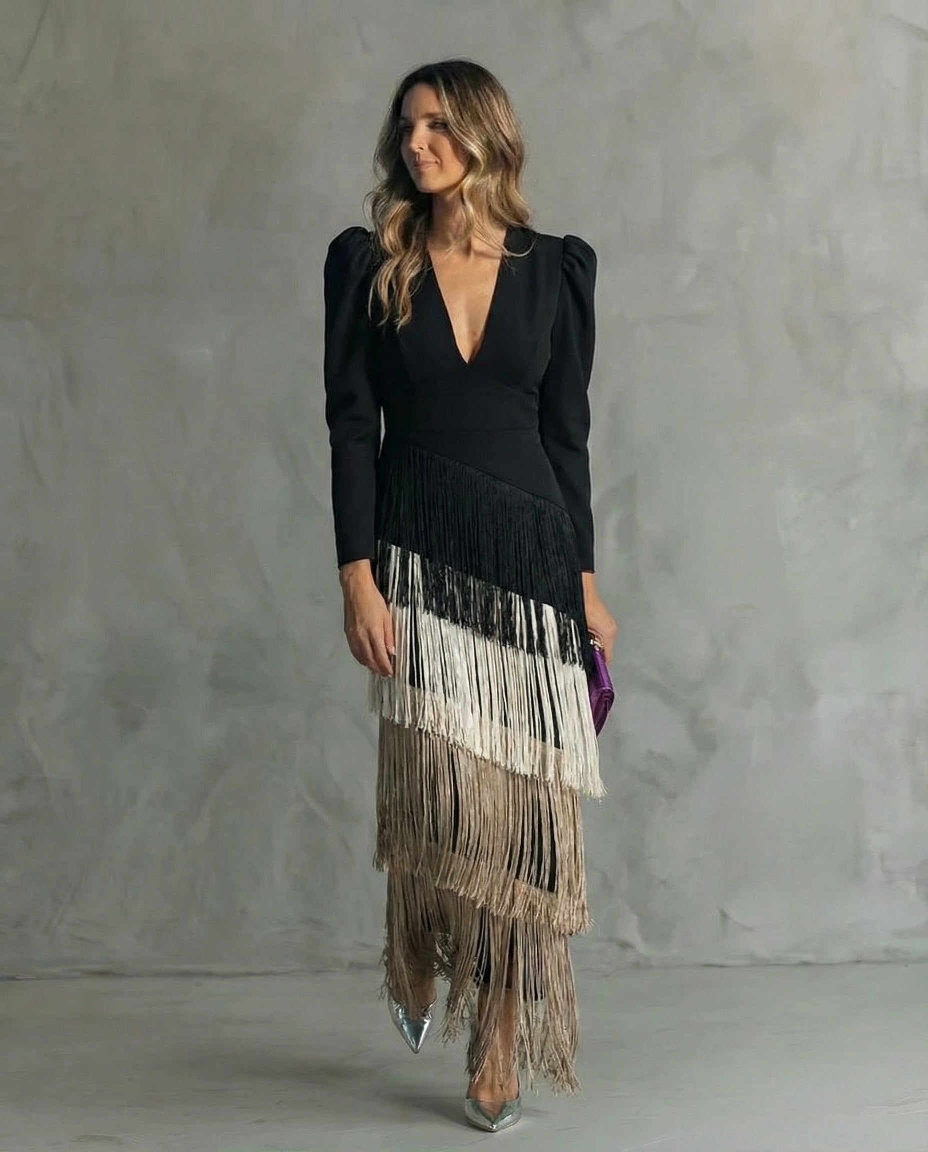 Brigitte - Robe Midi Femme Élégante À Franges Décolleté V Manches Longues