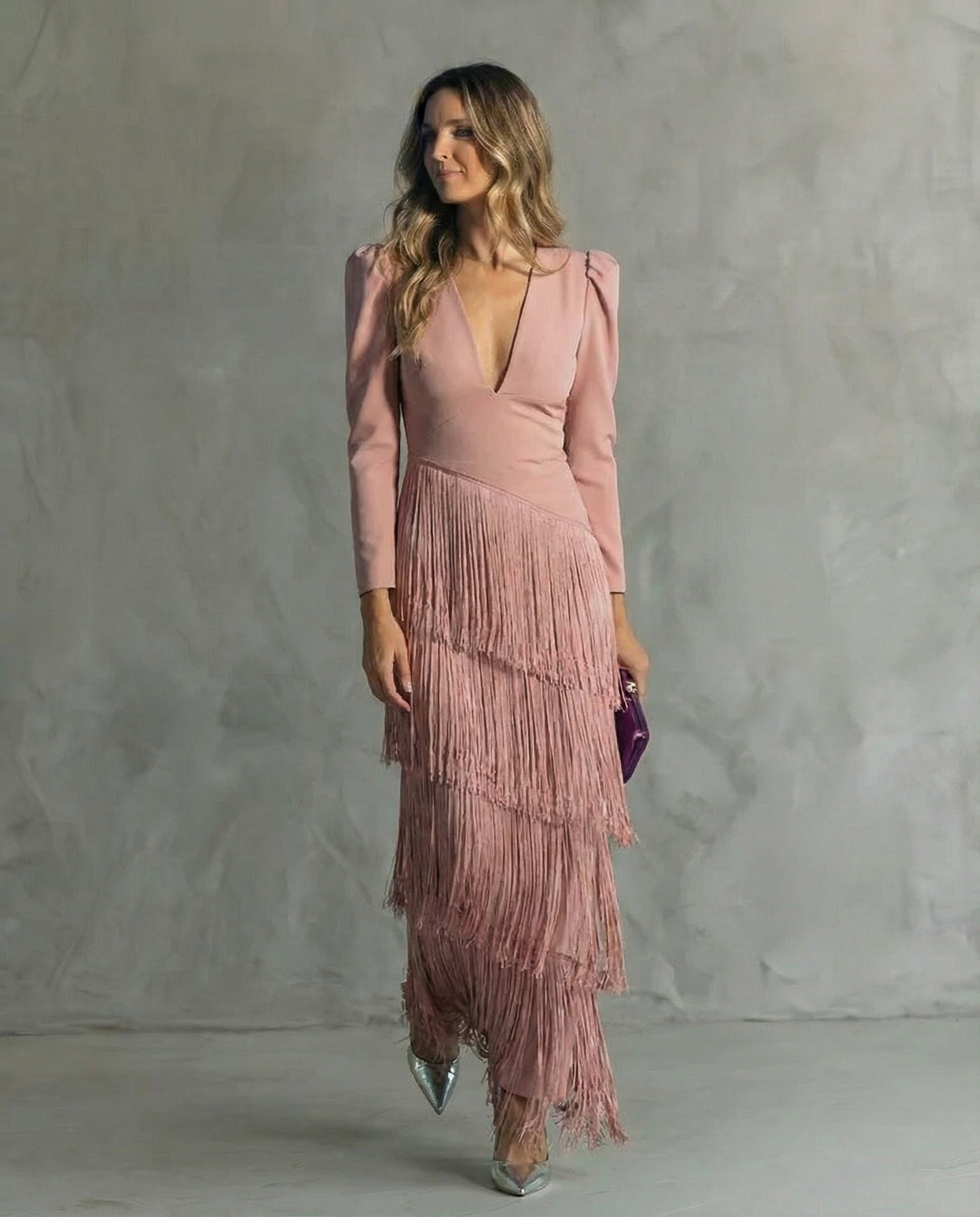 Brigitte - Robe Midi Femme Élégante À Franges Décolleté V Manches Longues