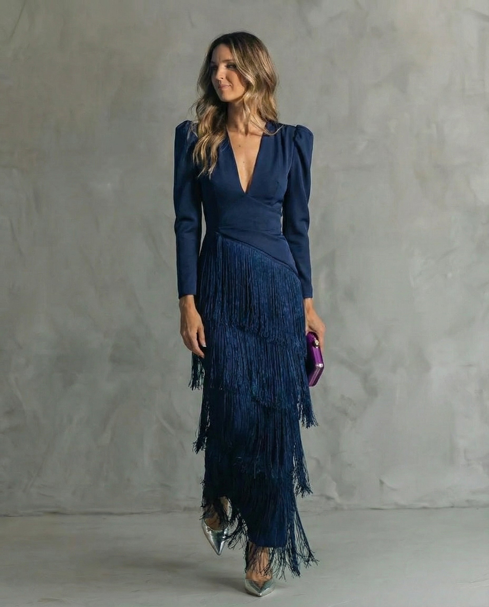 Brigitte - Robe Midi Femme Élégante À Franges Décolleté V Manches Longues