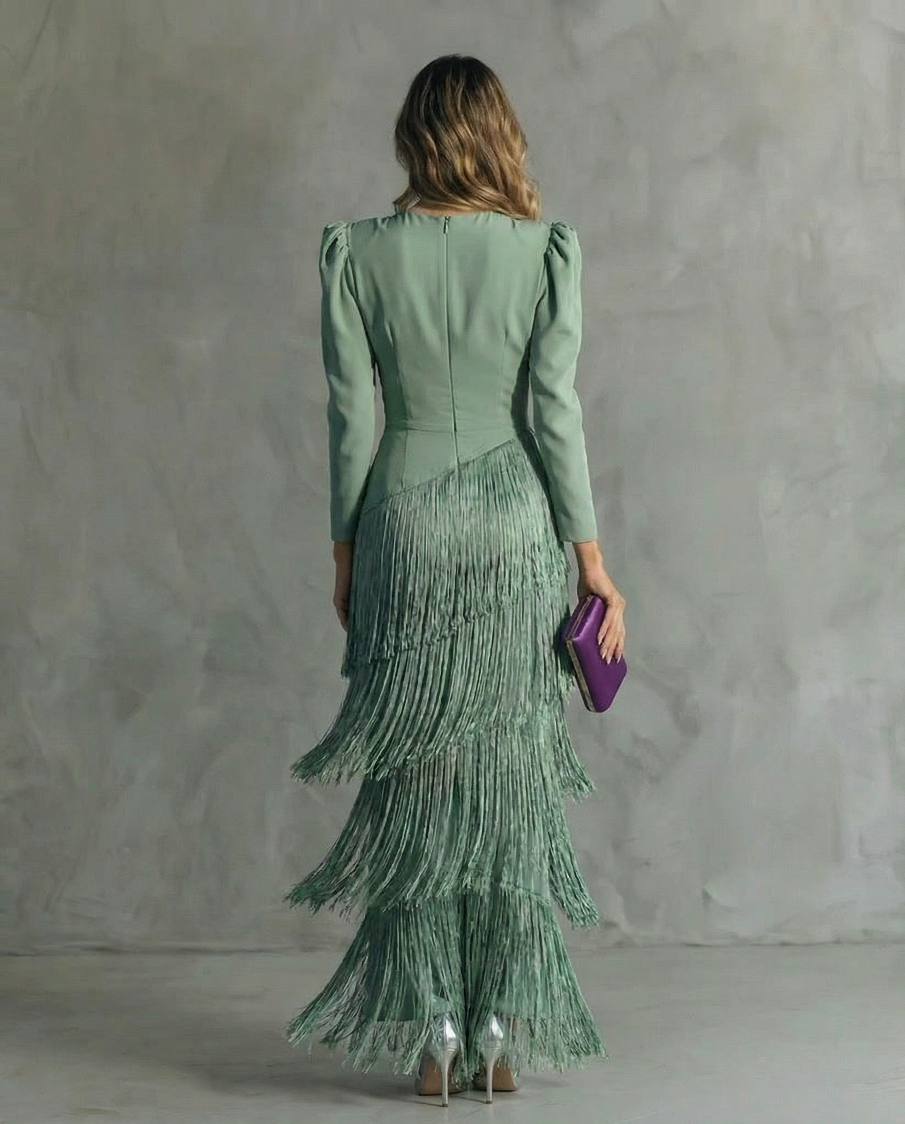 Brigitte - Robe Midi Femme Élégante À Franges Décolleté V Manches Longues