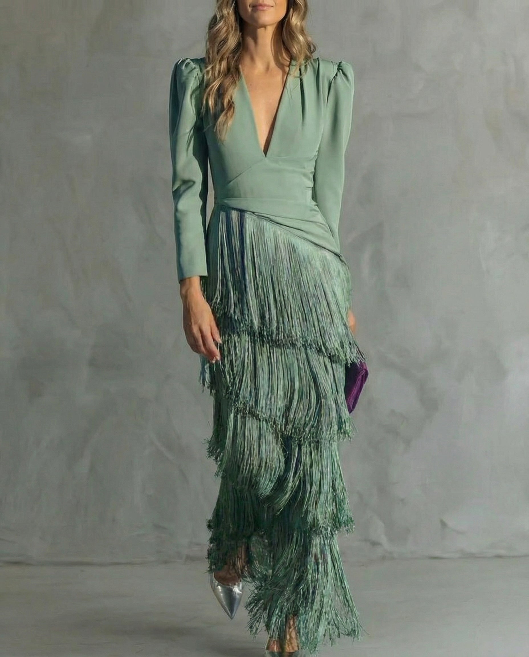 Brigitte - Robe Midi Femme Élégante À Franges Décolleté V Manches Longues