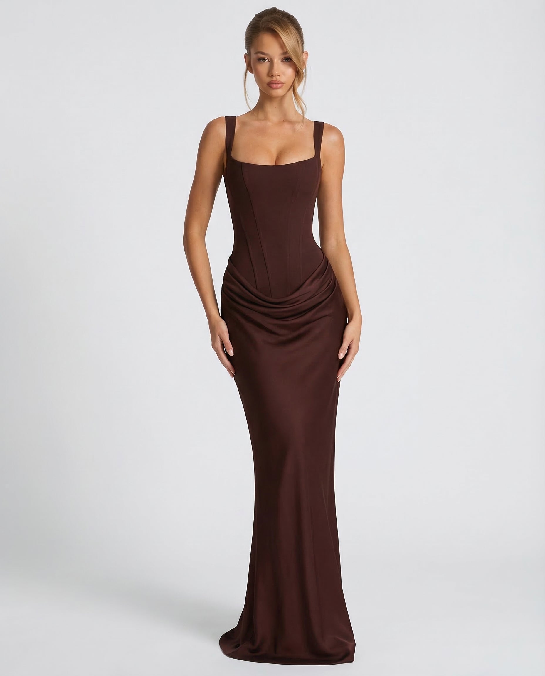 Elyndoria - Robe maxi femme moulante effet sablier élégante et satinée