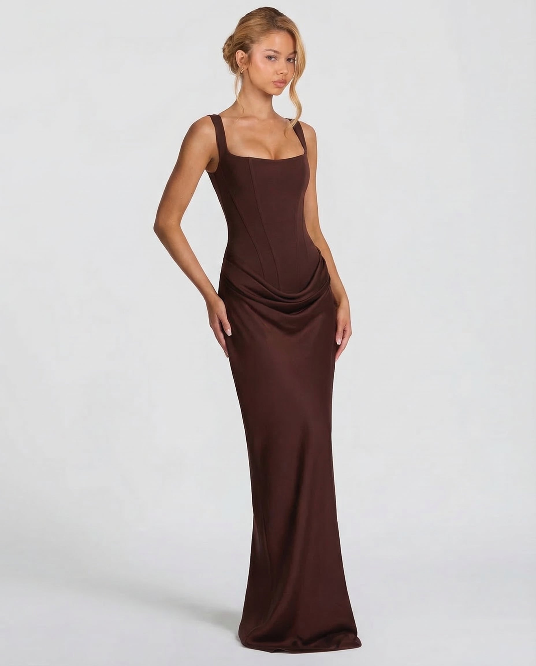 Elyndoria - Robe maxi femme moulante effet sablier élégante et satinée