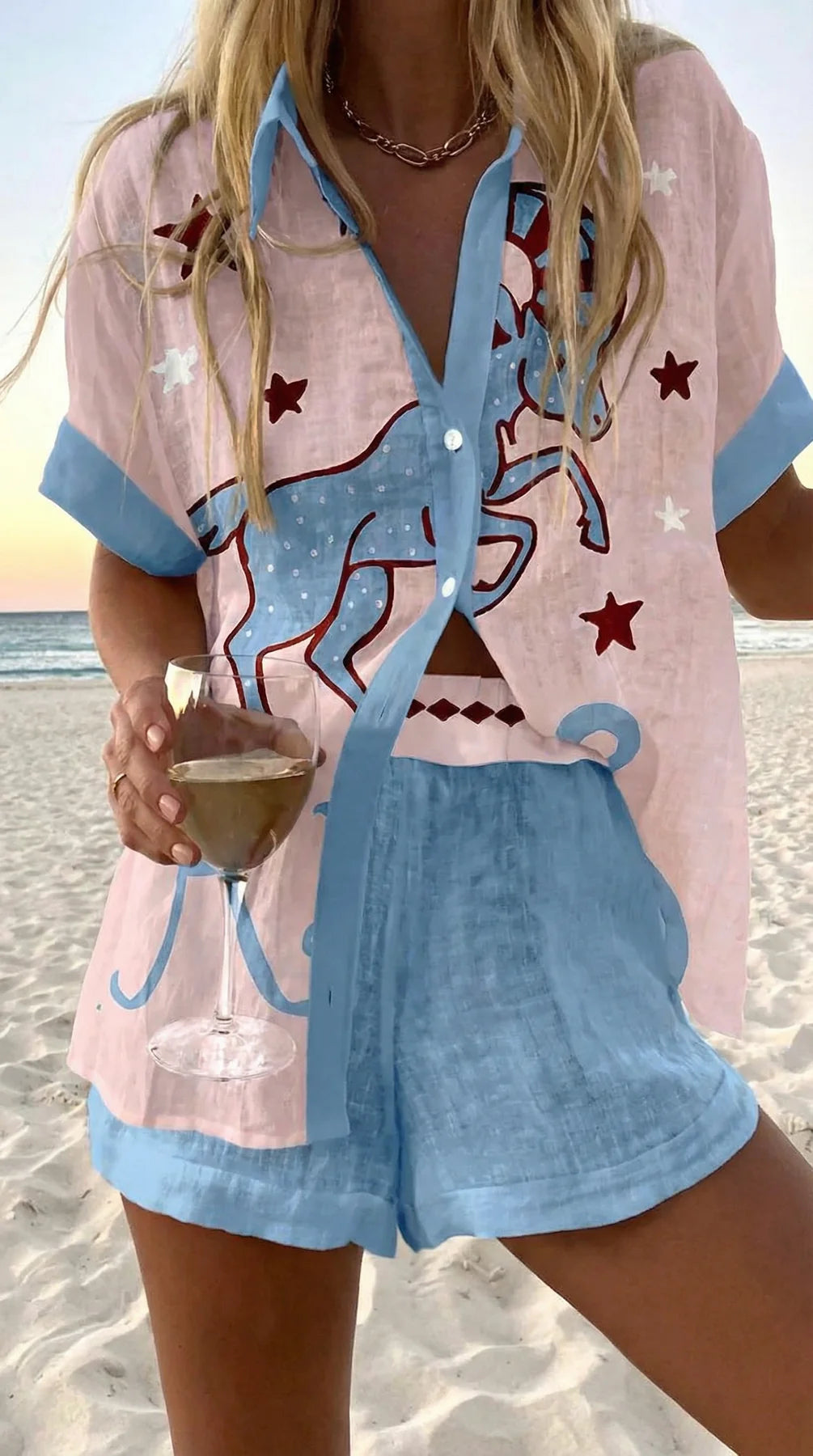 Faselyra - Ensemble femme chemise et short imprimé poisson style plage bohème