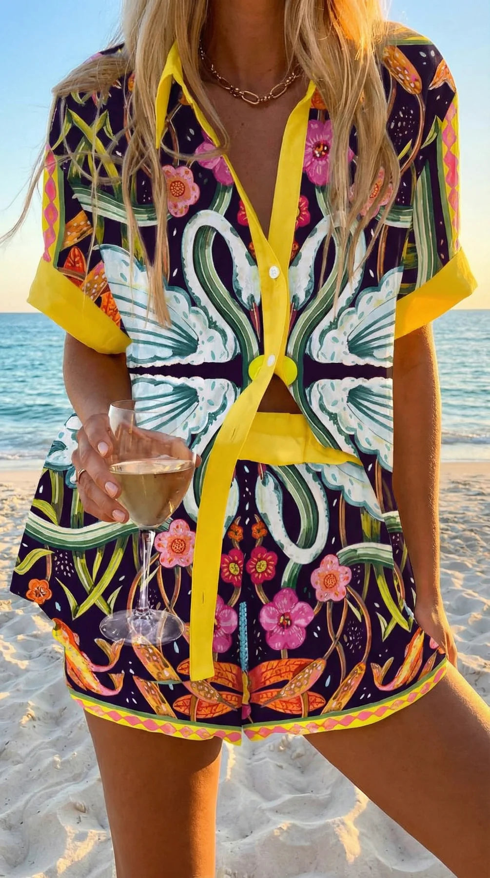 Faselyra - Ensemble femme chemise et short imprimé poisson style plage bohème