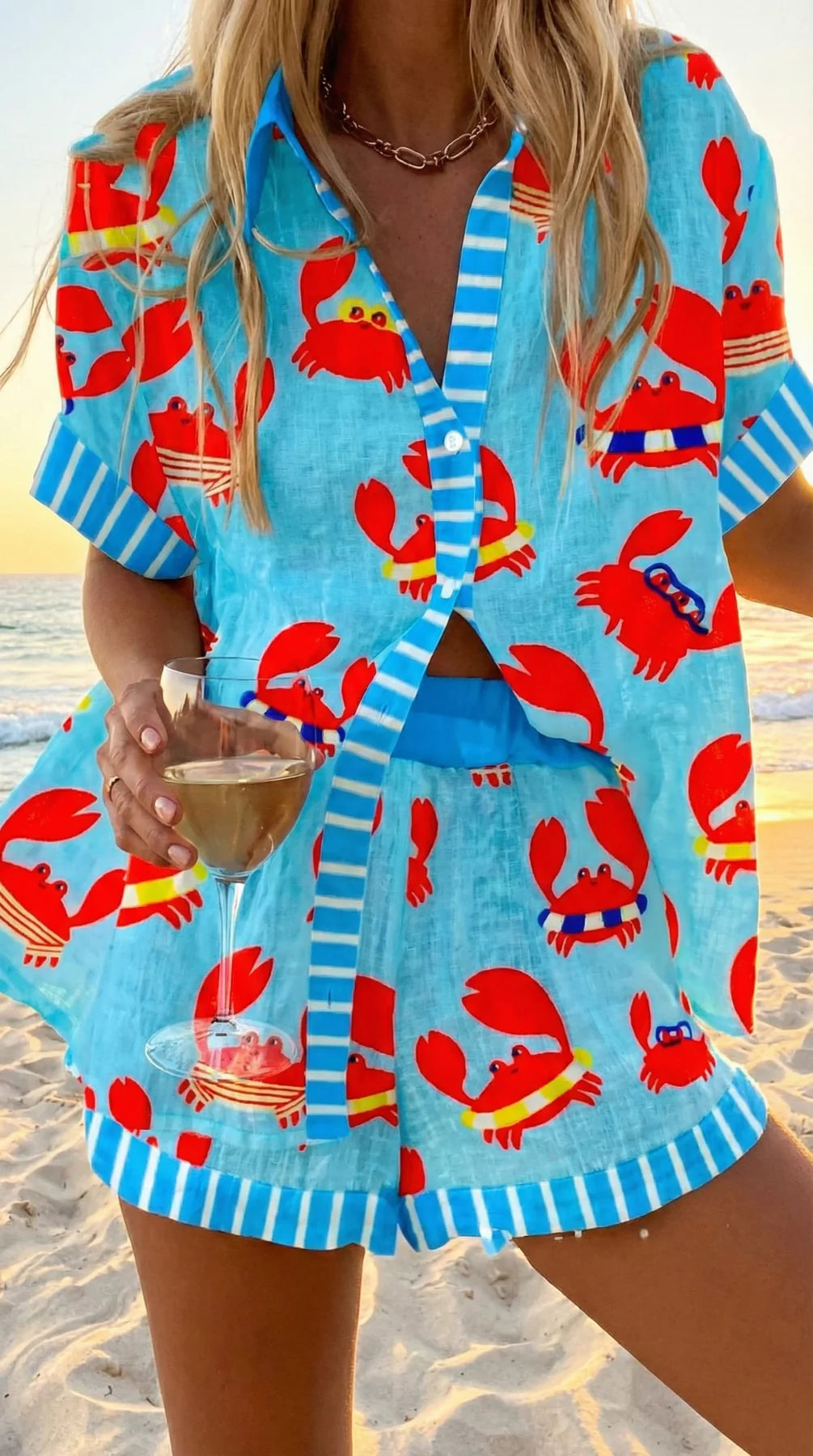 Faselyra - Ensemble femme chemise et short imprimé poisson style plage bohème