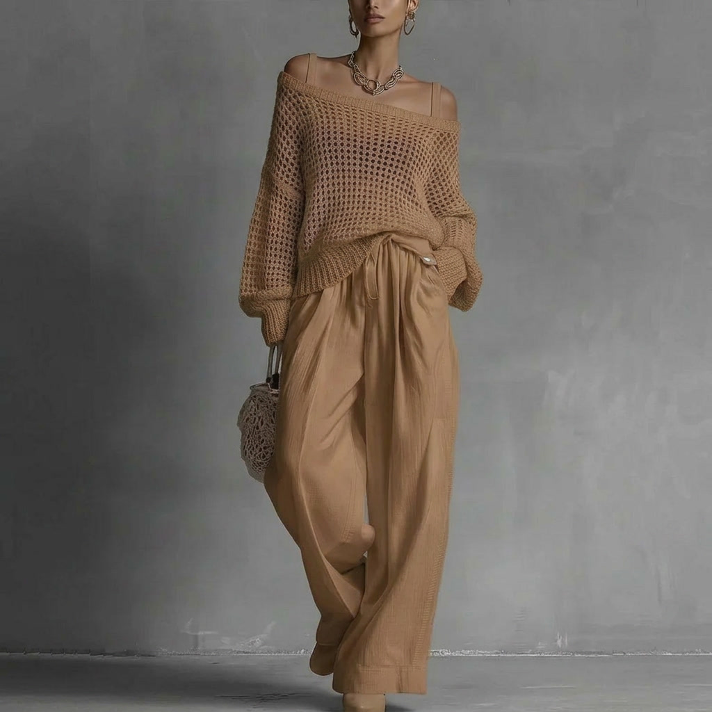 Cleora - Ensemble femme deux pièces avec pull ajouré et pantalon large