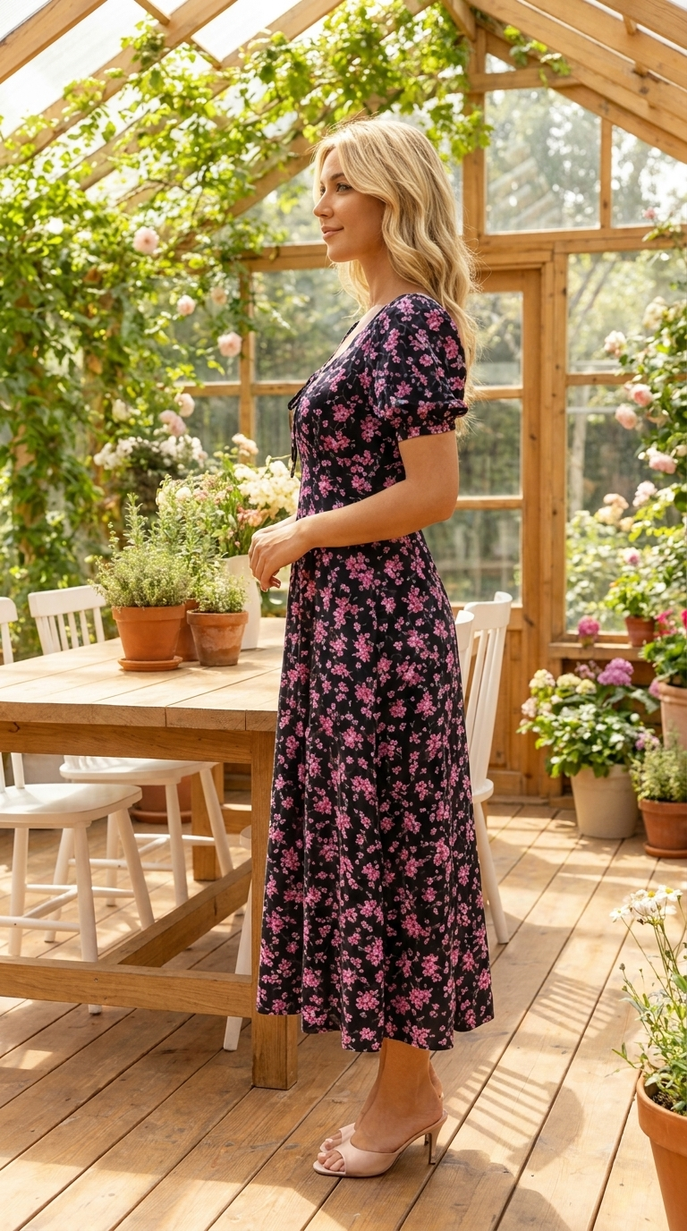 Cirella - Robe midi femme noire à imprimé floral rose