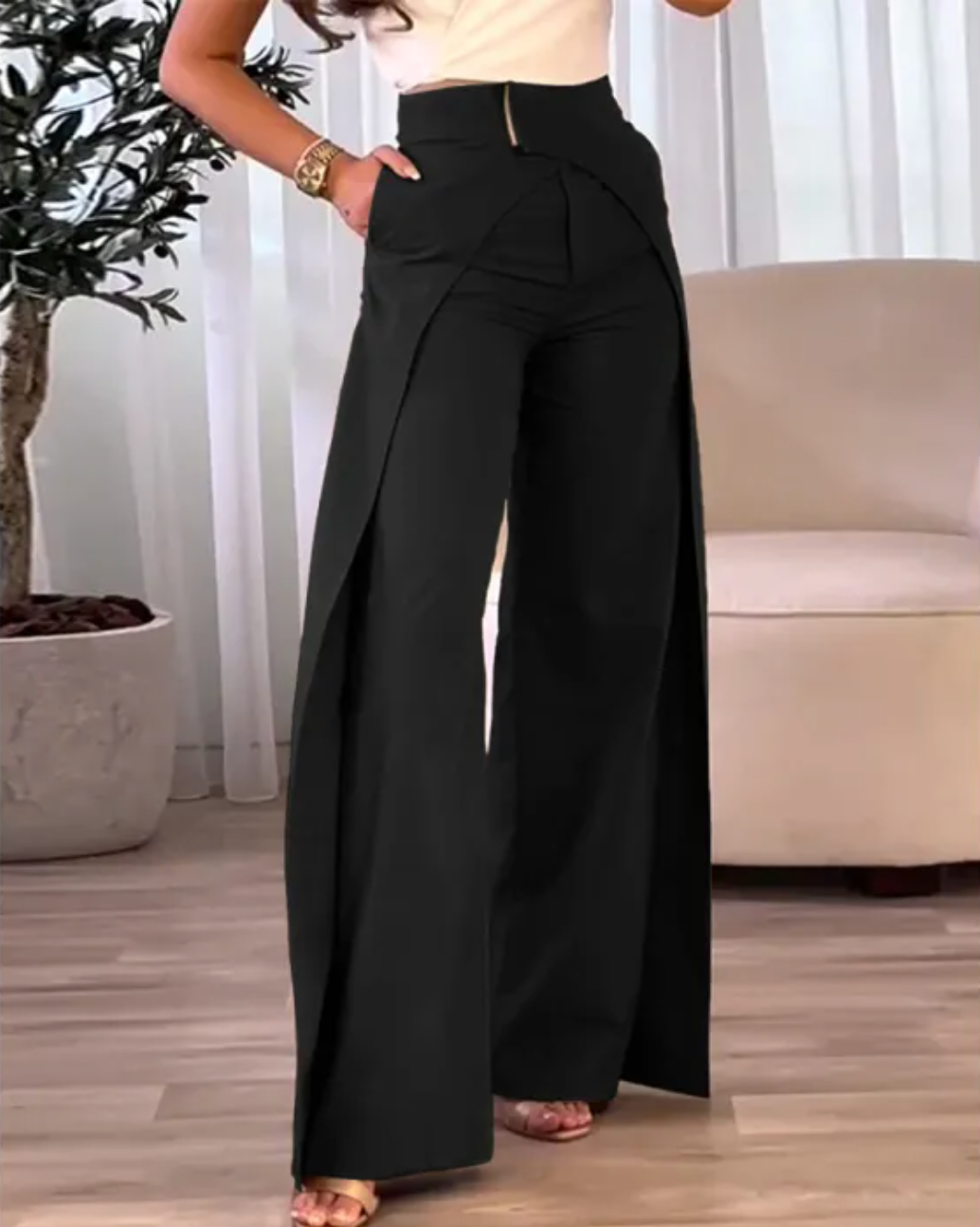 Areliax - Pantalon femme taille haute fluide fendu style élégant