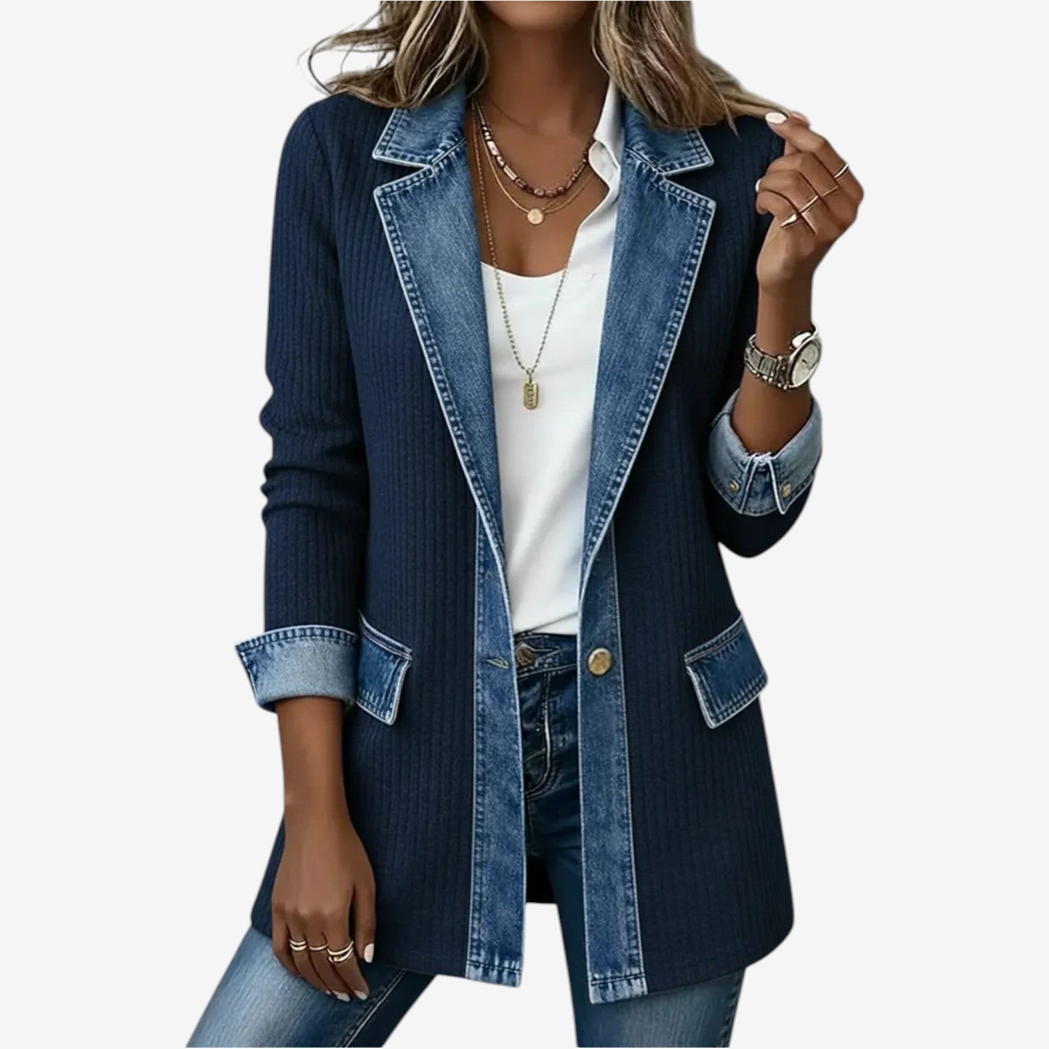 Tirexa - Veste Femme Style Denim Mélangé Effet Superposé Moderne
