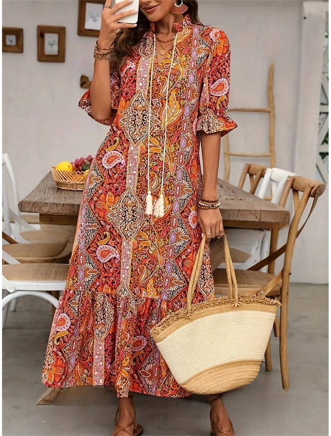 Esther - Robe bohème femme imprimée florale à col V élégant