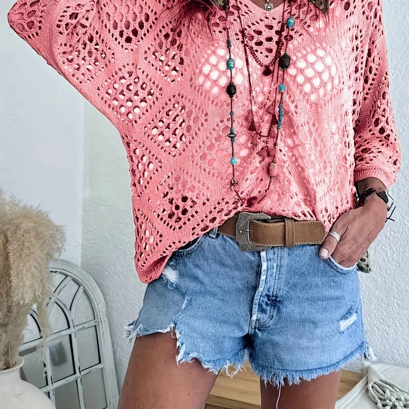 Kassoria - Top femme en crochet ajouré style bohème à col en V