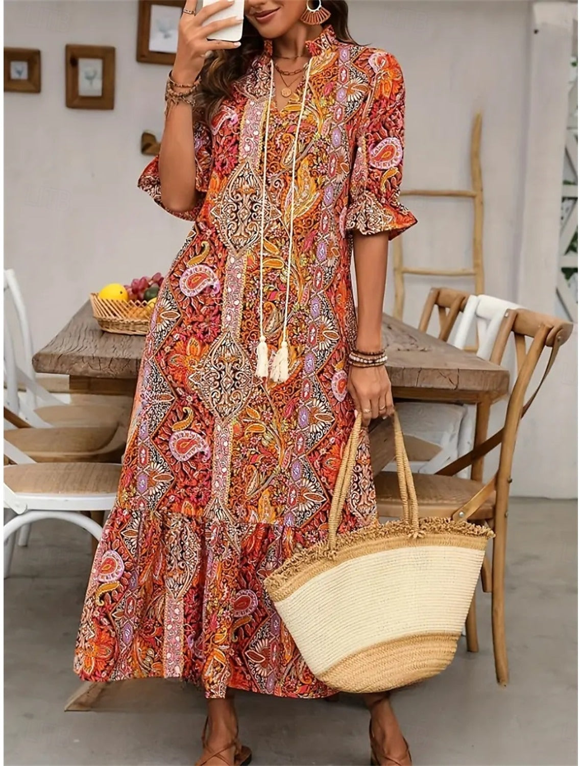 Esther - Robe bohème femme imprimée florale à col V élégant