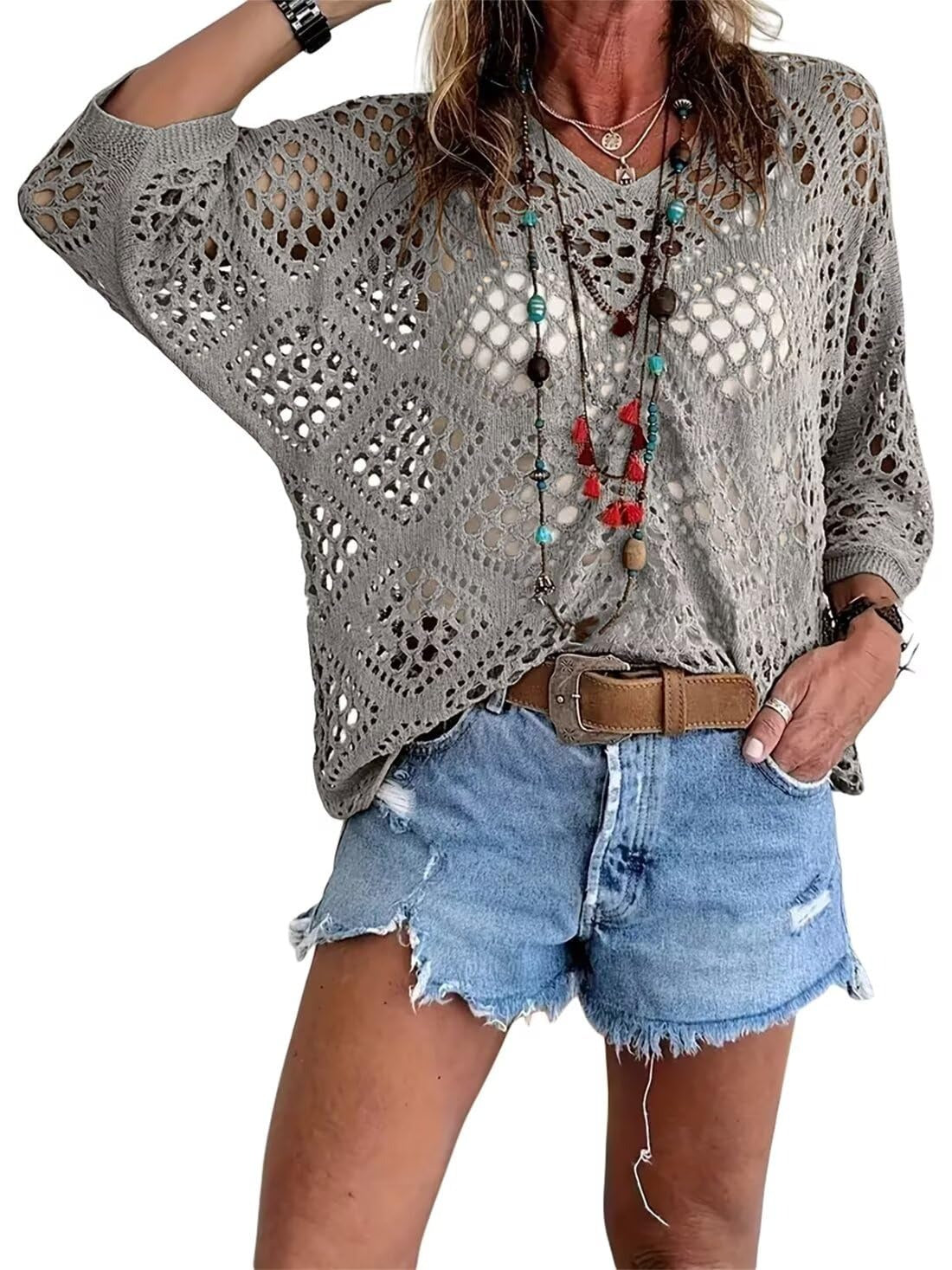 Kassoria - Top femme en crochet ajouré style bohème à col en V