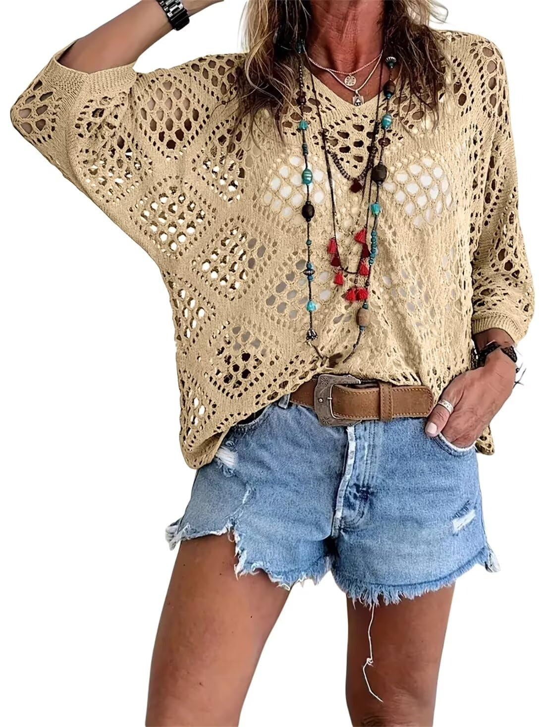 Kassoria - Top femme en crochet ajouré style bohème à col en V