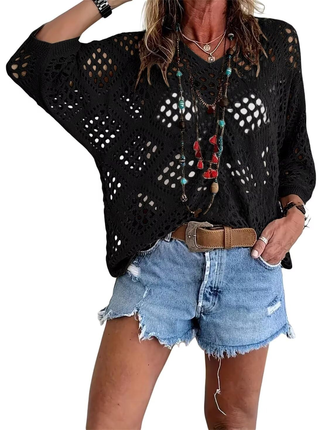 Kassoria - Top femme en crochet ajouré style bohème à col en V