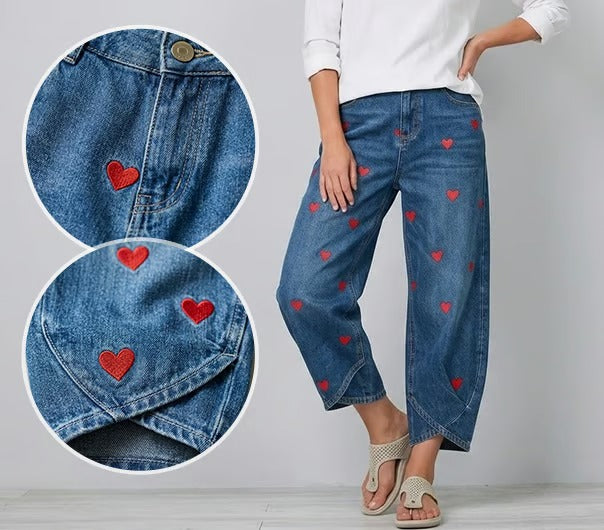 Pherixa - Jean Femme à Imprimé Cœur en Denim Coton