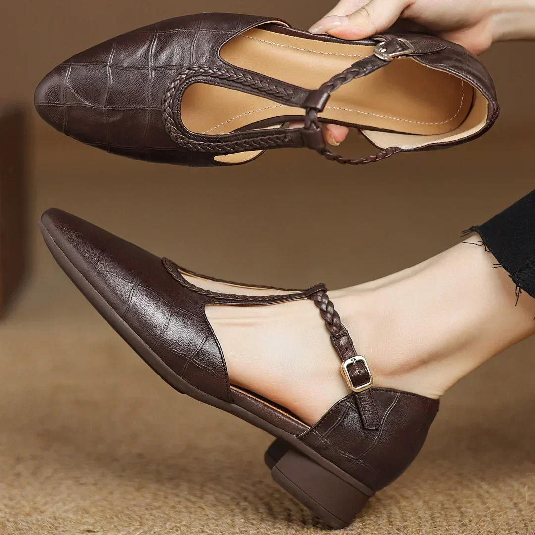 Prynelle - Chaussures Mary Jane femme en cuir avec bride tressée