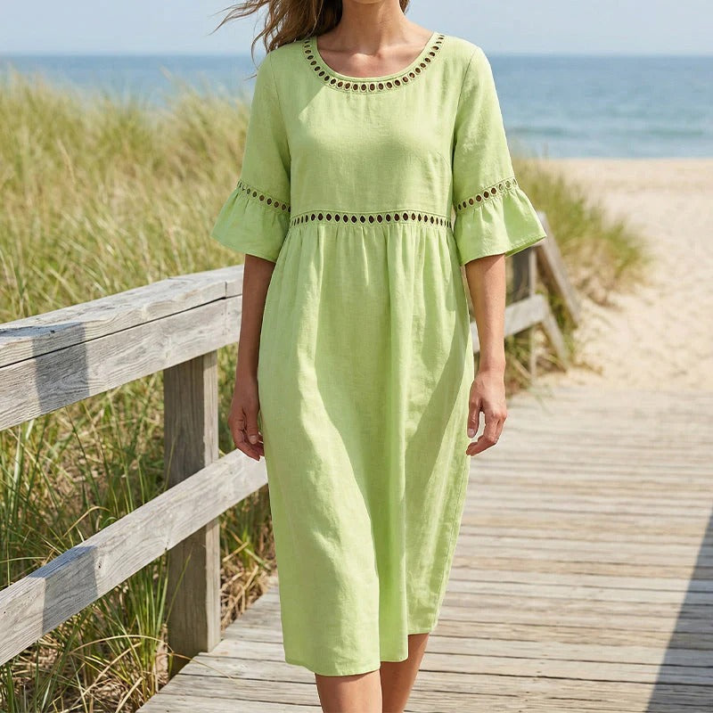 Pryline - Robe femme mi-longue lin col rond dentelle ajourée manches volants
