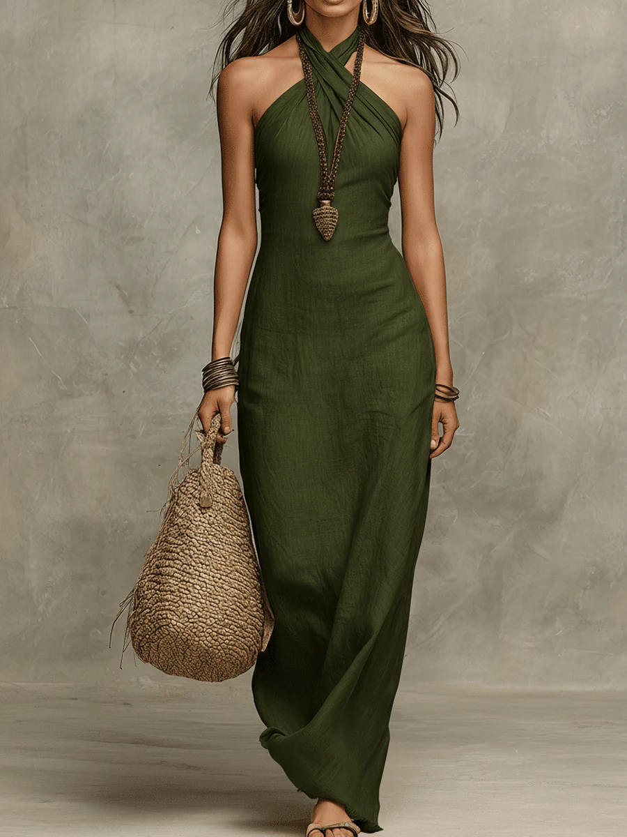 Phaevina - Robe maxi femme en lin avec col halter élégant