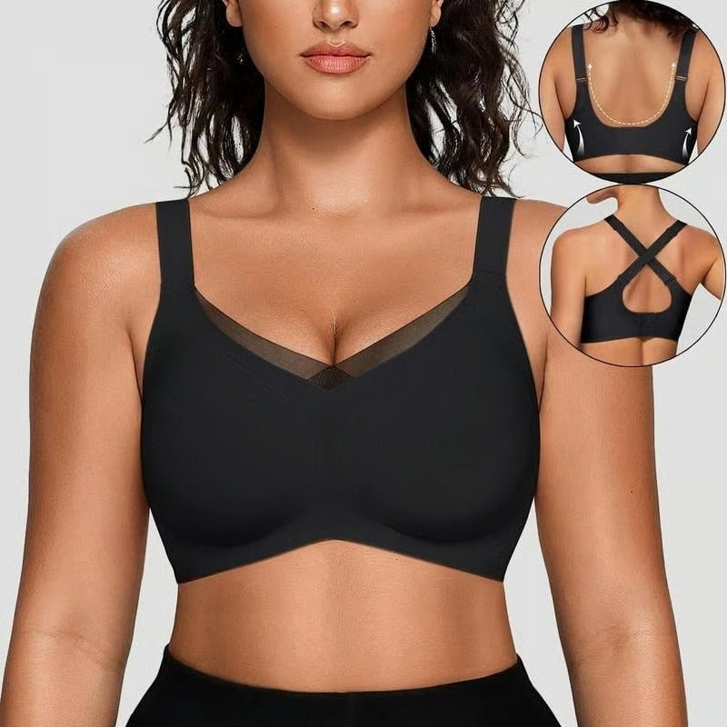 Kaelina - Soutien-gorge en mesh sans fil à col V croisé pour femmes