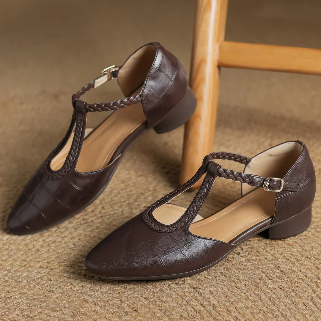 Prynelle - Chaussures Mary Jane femme en cuir avec bride tressée