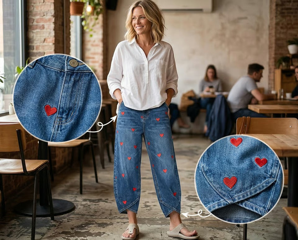 Pherixa - Jean Femme à Imprimé Cœur en Denim Coton