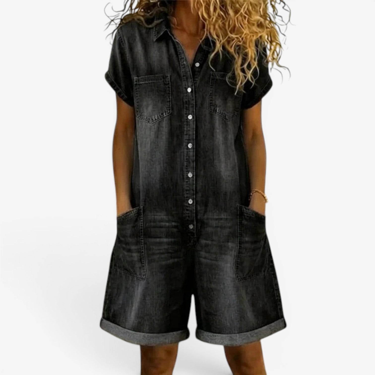 Rovellea - Combinaison femme courte denim ample boutons été casual