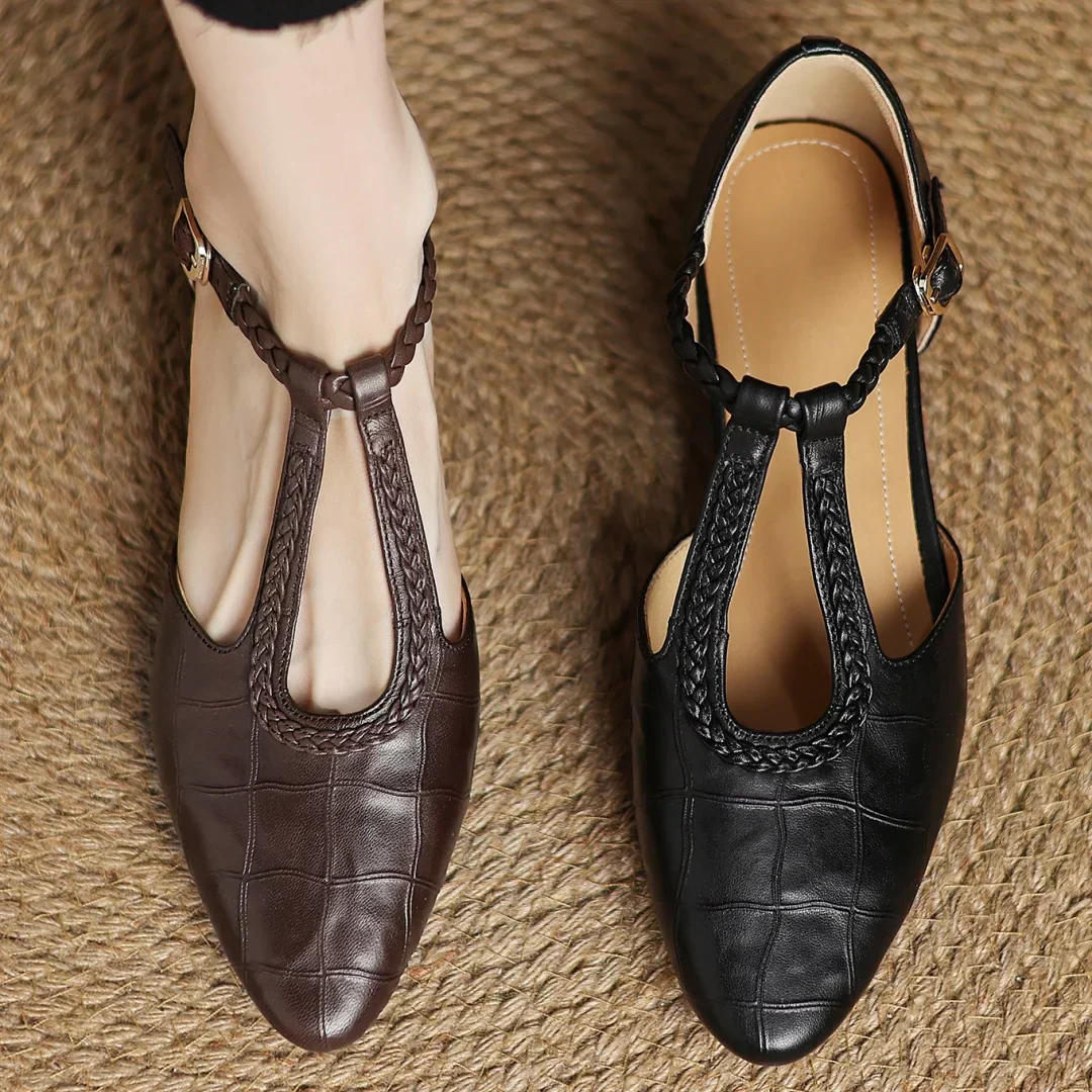 Prynelle - Chaussures Mary Jane femme en cuir avec bride tressée