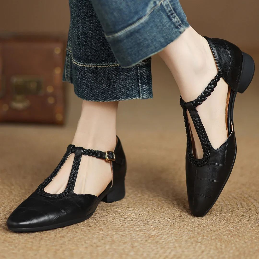 Prynelle - Chaussures Mary Jane femme en cuir avec bride tressée