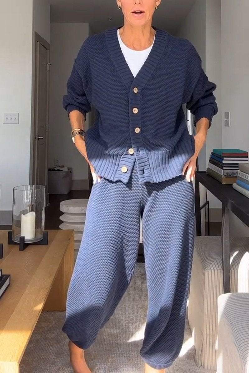 Marielle - Ensemble décontracté femme à col en V et texture gaufrée