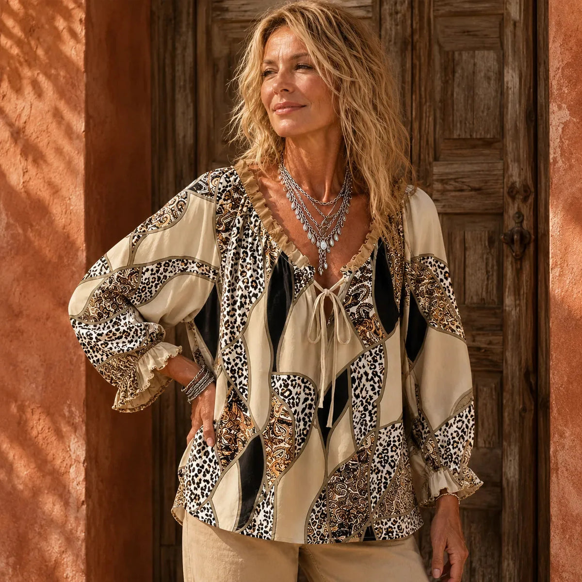 Mechteld - Blouse femme imprimée patchwork à col V