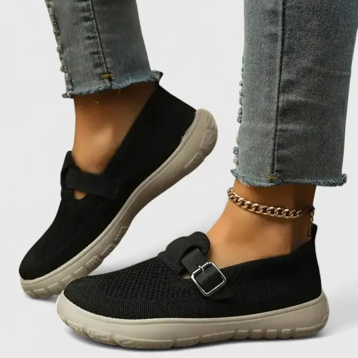 Laurène - Women's breathable knit loafers with buckled strap