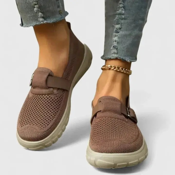 Laurène - Women's breathable knit loafers with buckled strap